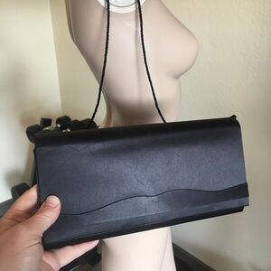 Black Satin clutch purse w crossbody string w cosmetic mirror inside